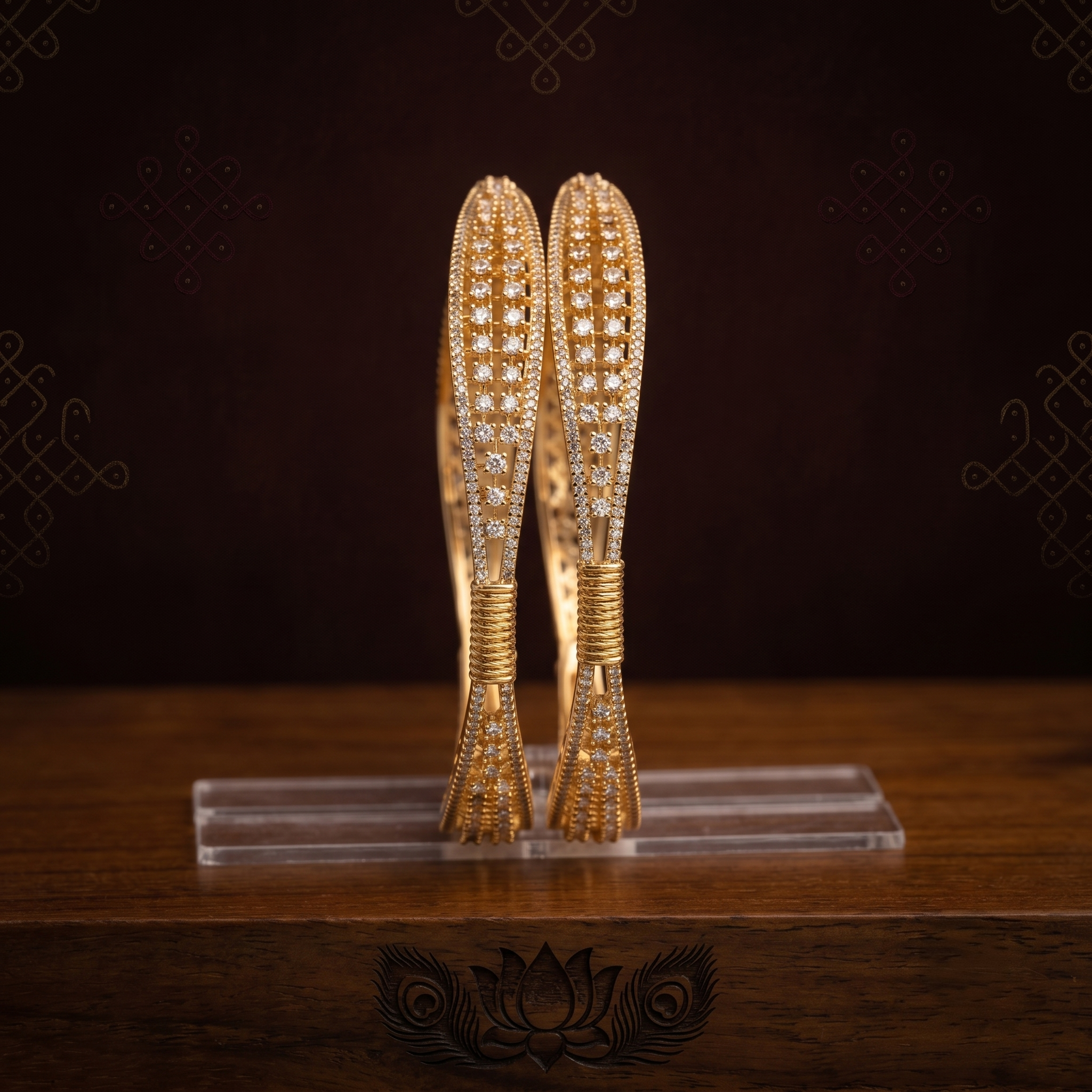 Diamond Pattern Gold Plated AD Bangle close-up view - Avalna